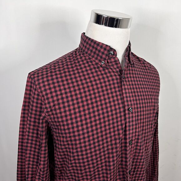 J Crew Medium Button Down Shirt Red Black Plaid 100% Cotton Casual Regular Fit - Picture 1 of 5